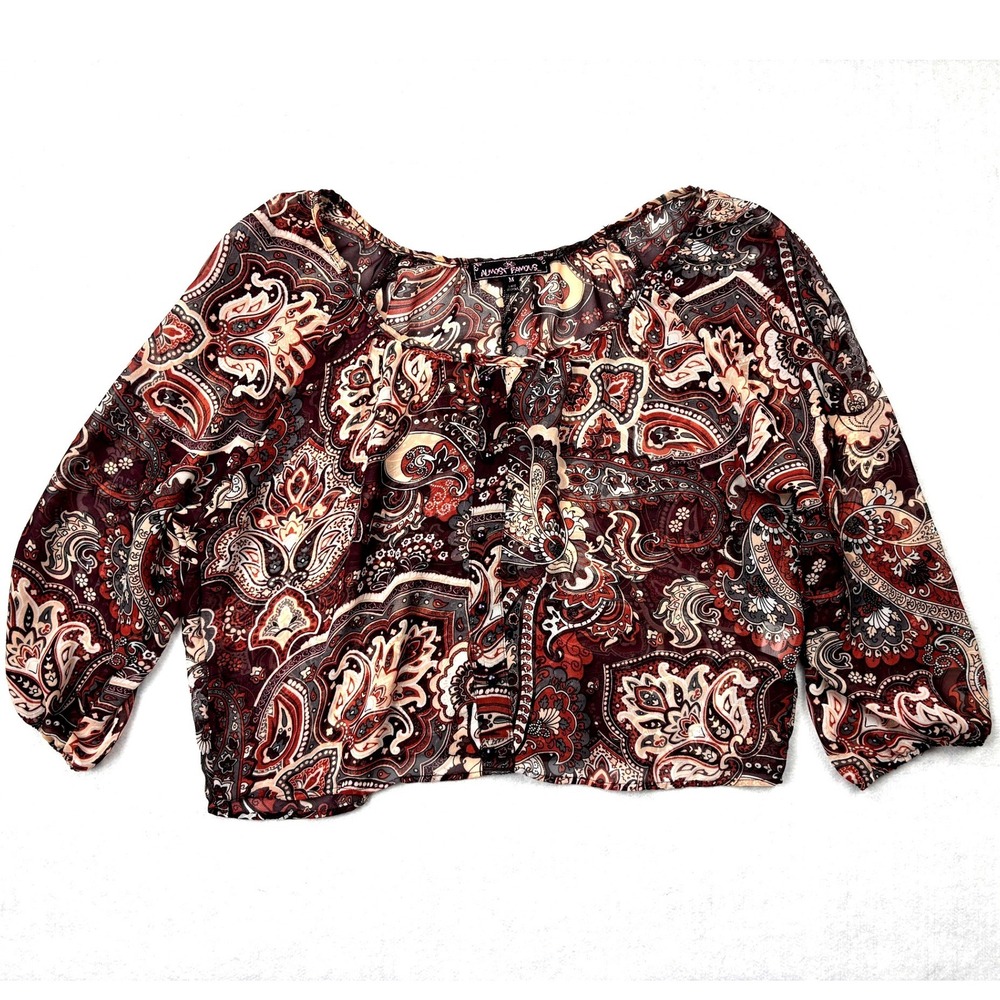 Almost Famous Paisley‎ Blouse Womens Medium M Burgundy Boho Smocked Peasant Top
